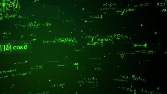 Floating mathematical equations and physics formulas drift through glowing green abstract space
