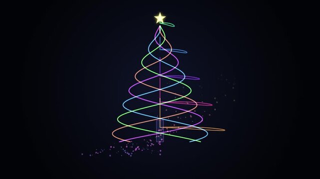 Minimalist glowing neon Christmas tree wireframe abstract art on dark background design template vector