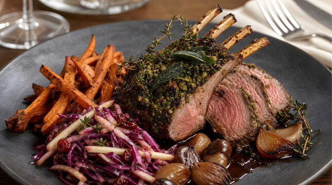 Herb-crusted rack of lamb with sweet potato fries, roasted chestnuts, caramelized shallots, red wine jus and red cabbage slaw with apples and cranberries, elegant winter fine dining presentation.
