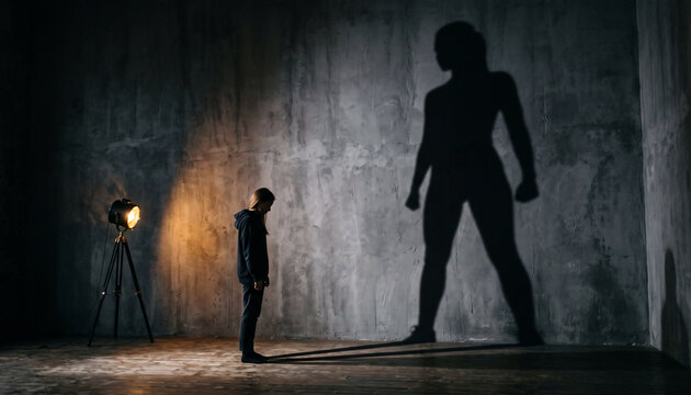 Tiny person casting giant superhero shadow on wall shows idea of inner strength and resilience