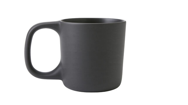 Isolated dark gray matte ceramic coffee mug, empty simple minimalist cup for beverages.