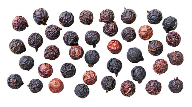 Isolated group of black peppercorns, scattered dried wrinkled aromatic spice ingredients.