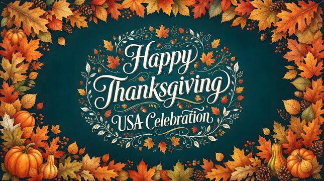 Happy thanksgiving celebration greeting card with autumn leaves and pumpkins on dark.