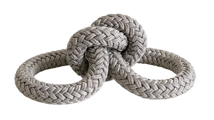 Isolated intricate grey braided rope knot forming three decorative loops on a clean backdrop. © Conor