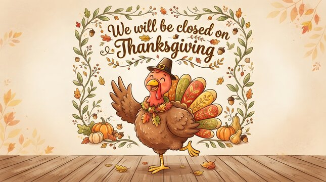 Cartoon turkey bird wearing pilgrim hat announcing business closure on thanksgiving.