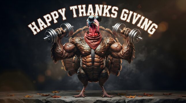 Muscular bodybuilder turkey bird lifting heavy dumbbells for thanksgiving fitness.