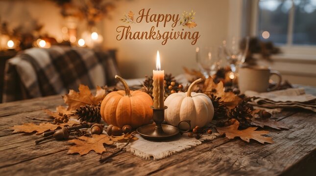 Cozy thanksgiving table setting with pumpkins and lit candle on rustic wooden deck.