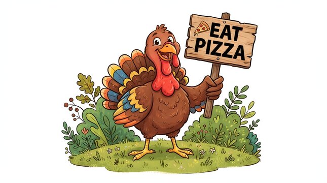 Smiling cartoon turkey holding wooden sign with text eat pizza in grassy meadow.