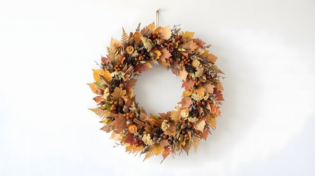 Rustic autumn wreath made of dried leaves and pine cones hanging on white background.