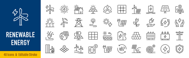 Naklejka premium Renewable energy web icons in line style. Clean energy, solar power, wind power, sustainability, solar panels, wind turbines, energy storage, smart grid, climate, collection. Editable stroke. Vector
