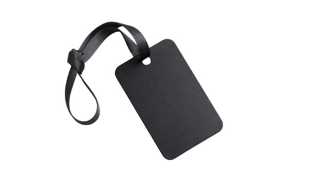 Isolated blank black rectangular tag with elegant ribbon for product labeling and branding