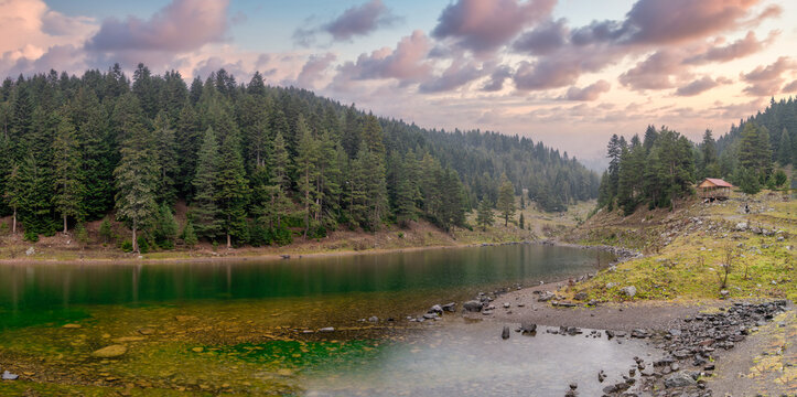 Mountain lake in Artvin, Turkey, surrounded by fir forest, with a wooden hut on the shore, clear green water over stones and pink clouds above, Black Sea highlands