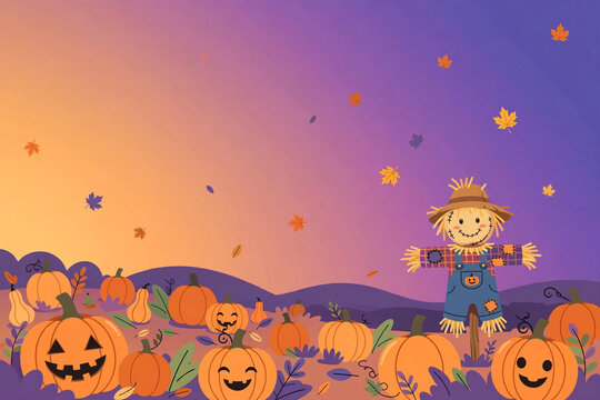 Flat vector Halloween pumpkin patch background at sunset with scarecrow and jack-o-lanterns, copy space