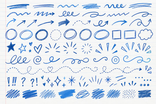 Blue doodle marks and symbols