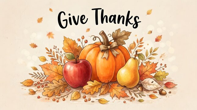 Give thanks thanksgiving harvest composition with pumpkin apple pear.