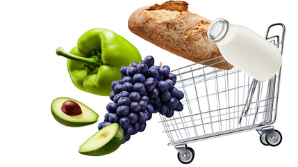 Isolated fresh groceries including bread, milk, bell pepper, grapes, avocado, shopping cart © Conor