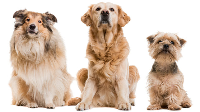 Isolated group of three adorable dogs including a collie, golden retriever, and terrier