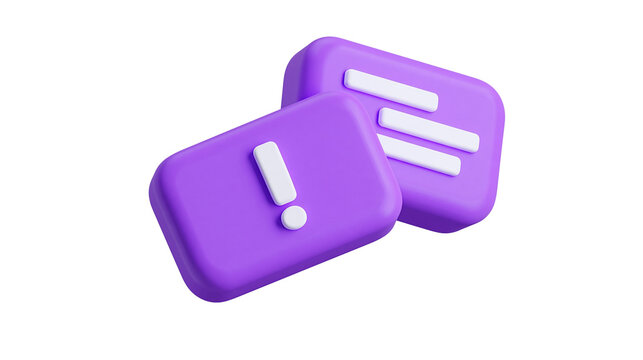 Isolated 3D purple icons representing alert notification, important message, and communication.