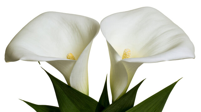 Isolated elegant white calla lily flowers with bright green leaves in a beautiful floral arrangement