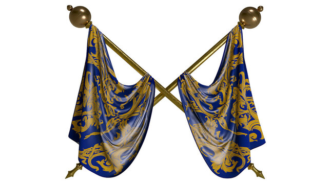 Isolated two crossing regal ceremonial banners featuring elaborate gold ornate patterns