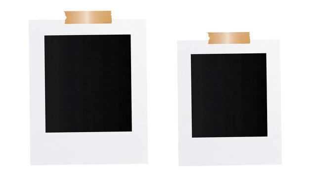 Isolated instant photo frames with masking tape, empty pictures for content and designs