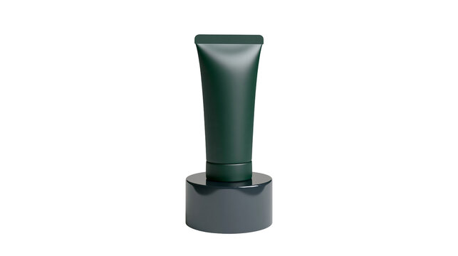 Isolated elegant dark green cosmetic cream tube standing on base, luxury beauty product mockup