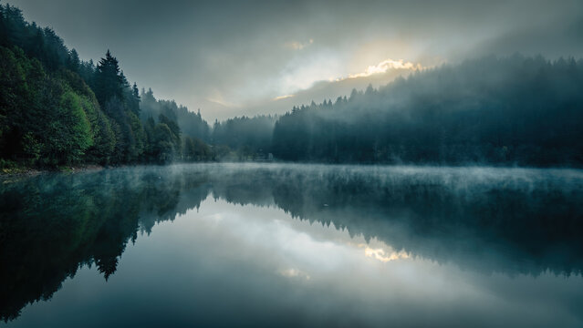Foggy morning at Savsat Karagol lake, Artvin, Turkey, with mist drifting over dark fir forests and the sun breaking through clouds, moody reflections on the water