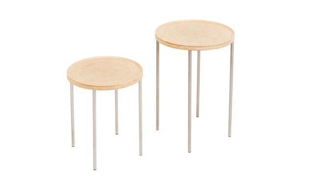 Isolated modern Scandinavian style round wood and metal accent tables, set of two minimalist furniture.