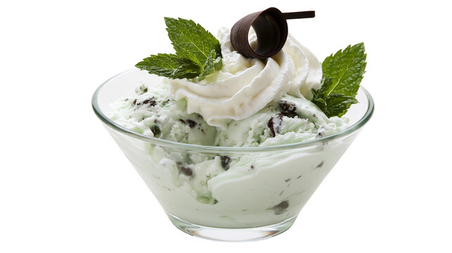 Isolated mint chocolate chip ice cream with whipped cream, fresh mint leaves, and chocolate curl