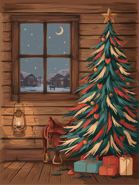 Cozy cabin scene at night, stars gleam outside. Christmas tree stands tall, decorated with hearts and lights. Gifts rest beneath, wrapped with care. Lantern glows softly beside wooden floor