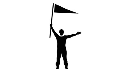 Isolated black silhouette of person with flag and outstretched arm over dark banner with text. © Andrei