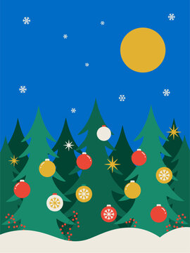 Winter nights glow with snowflakes and golden moonlight. Festive trees stand tall, draped with colorful ornaments. Red, gold, and white baubles sparkle against deep green pines