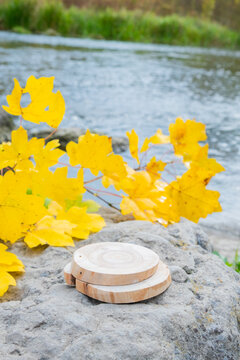 Wooden podium on a rock near a river with yellow leaves in the background during autumn