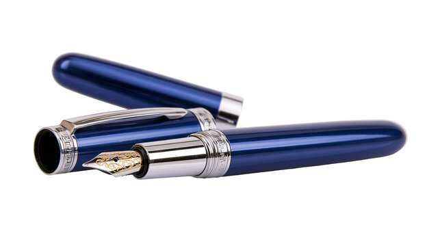Isolated elegant blue fountain pen with gold nib and cap off, luxury writing instrument