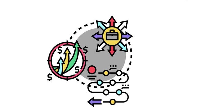 Business objectives planning concept with elements like a briefcase, diverging arrows representing multiple pathways, financial growth metrics, and a process timeline for strategic decision making