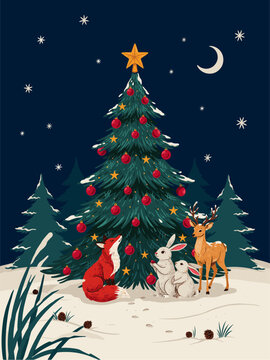Snow blankets a cozy Christmas scene. Red fox, white rabbit, and deer gather near a decorated tree. Gold stars and red baubles shine under a starry night sky