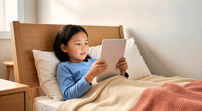 Young Kazakh girl holding a digital tablet while lying in bed under a knitted beige blanket. Child using a touchscreen device for education or entertainment in a bright modern bedroom setting