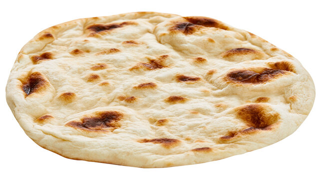 Isolated single piece of freshly baked traditional Indian naan bread flatbread with browned spots