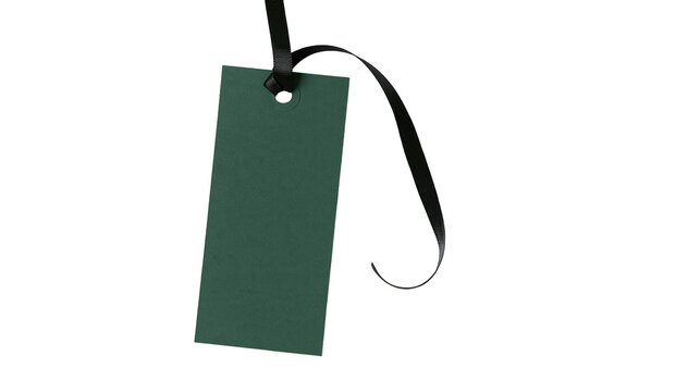 Isolated dark green rectangular hang tag with black ribbon, elegant blank paper label mockup