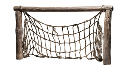 Isolated rustic homemade wooden sports goalpost frame with old natural fiber rope net © Andrei