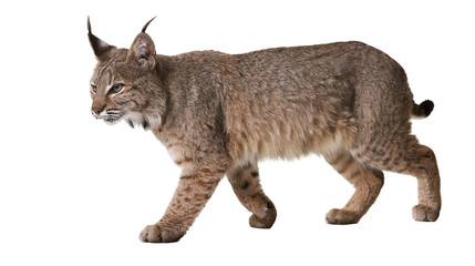 Isolated bobcat walking with alert expression, full body portrait of a wild North American feline © Andrei