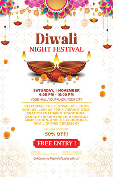 Diwali night Festival poster background template featuring a decorative background with oil lamps and mandala.