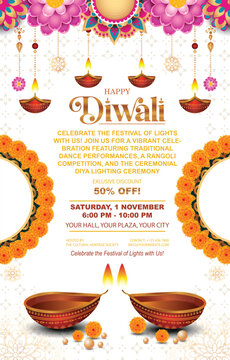 Happy Diwali Festival poster background template featuring a decorative background with oil lamps and mandala.