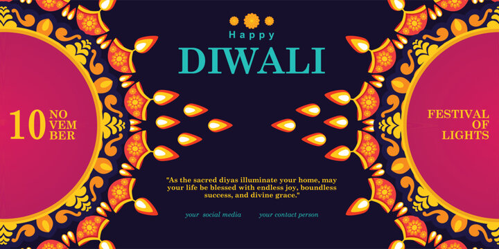 Diwali hindu festival horizontal background template featuring a decorative background with diya lamps and mandala.