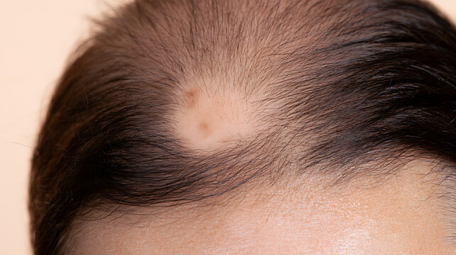 Close up view of alopecia areata symptom with hair loss patch on human head, medical concept for dermatology and health care condition