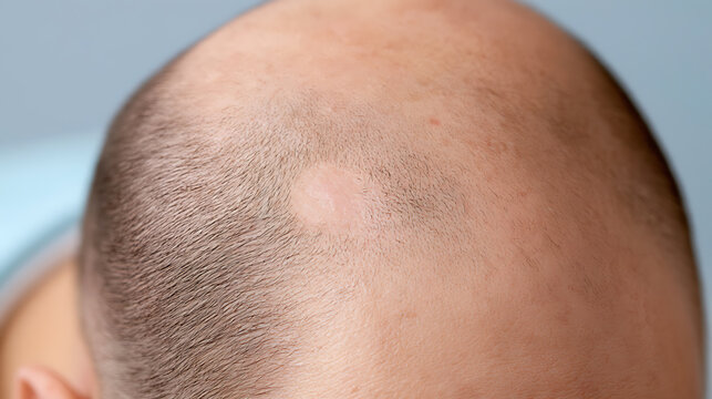 Close-up of a bald head showing alopecia areata patch hair loss condition scalp disorder dermatology problem medical treatment study closeup