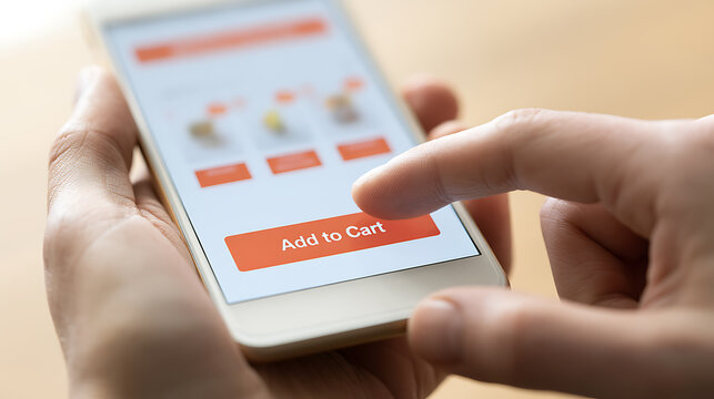 Close-up of a person use a smartphone to browse products and tap add to cart button on a modern e-commerce application interface design
