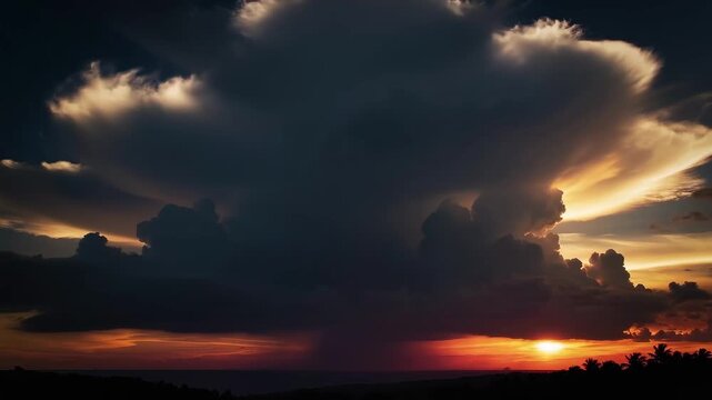 Time lapse static view of thunderstorm developing with lightning over tropical coastline horizon at sunset