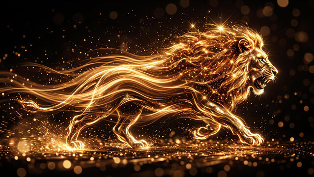 Golden Glowing Light Trail Lion Silhouette with Sparkling Particles Fantasy Effect