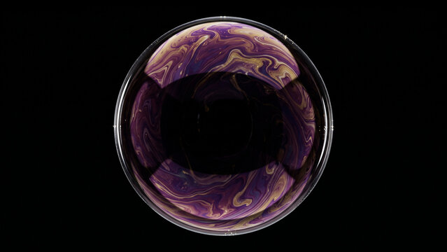 Dark Transparent Glass Bubble Sphere with Purple Gold Marbled Swirl and Reflections